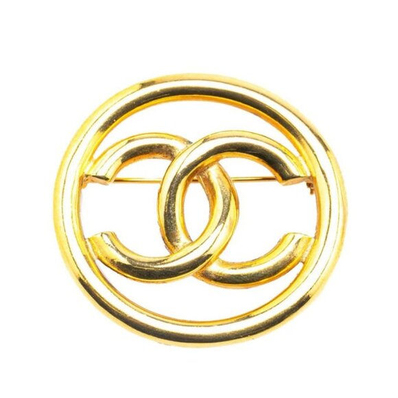 CHANEL CC Logo Circle Round Brooch Gold Tone Pin 93P Auth #3502 - Picture 1 of 4